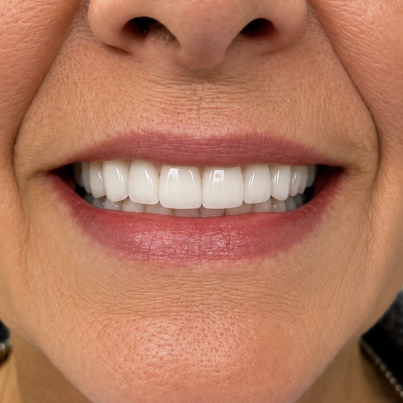 Close-up of the same patient’s smile after All-on-4 full-arch implants at Detroit Dentist