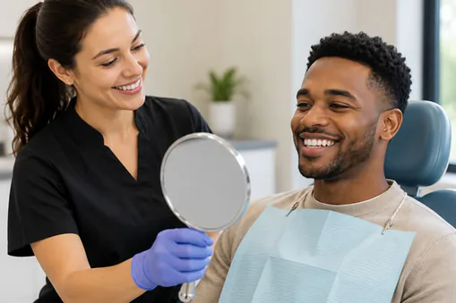A relaxed patient smiling with their dentist at JSA Dental Care in McDonough